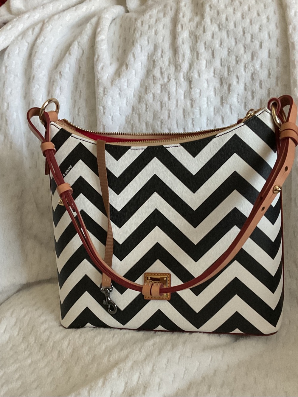 Dooney & Bourke Black & White Chevron Shoulder Bag with Tan Trim